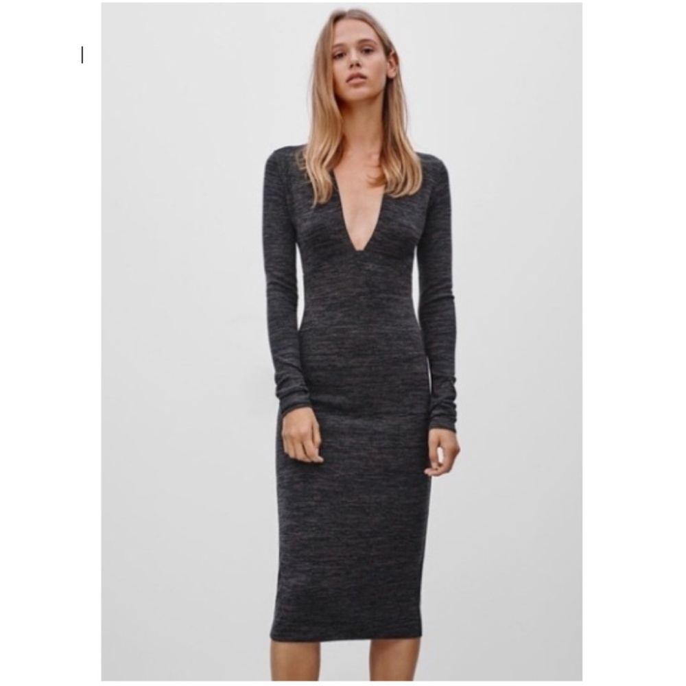 Wilfred Heather Grey Bodycon Deep V Midi Dress